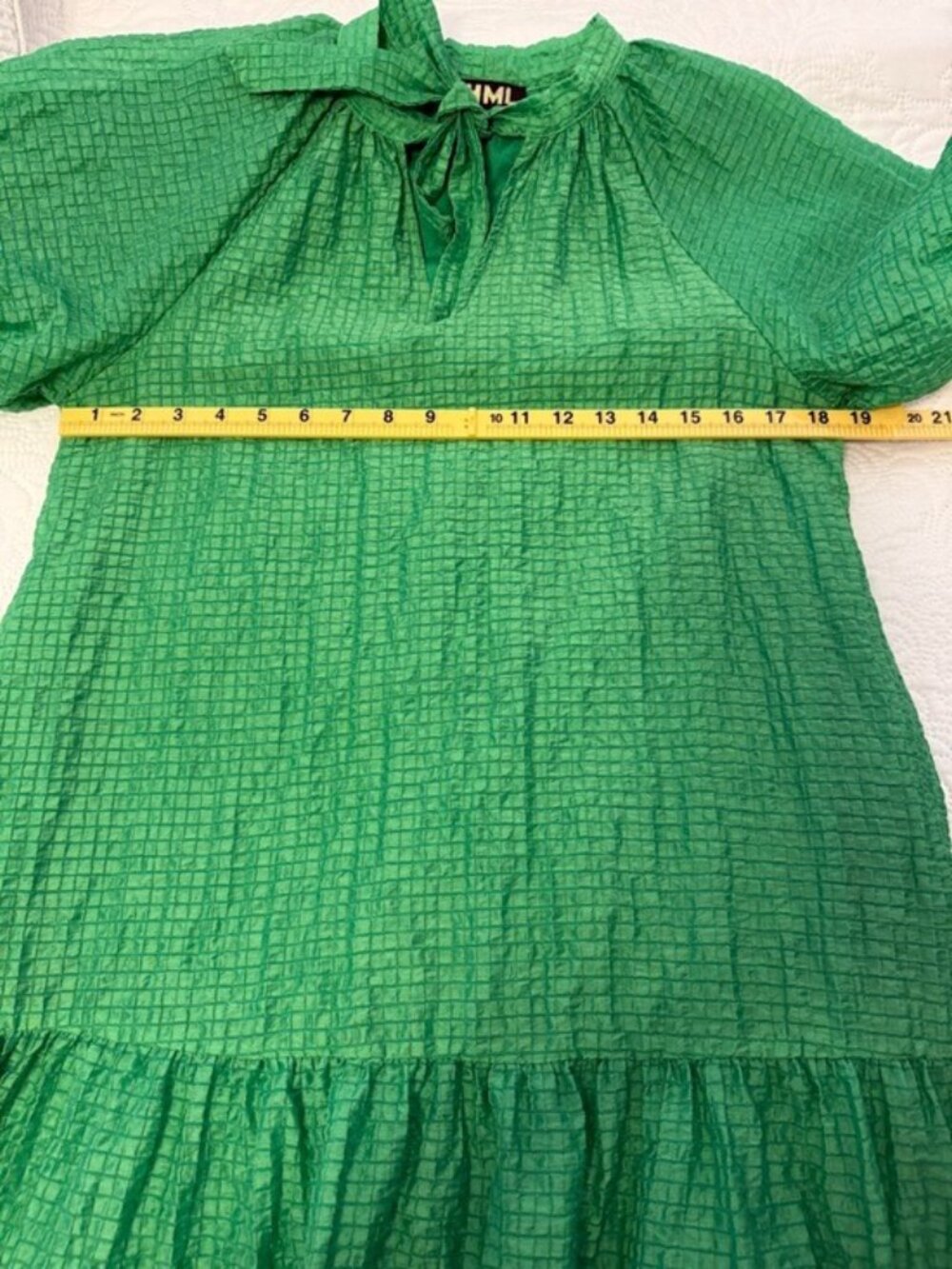 THML Green Textured Mini Dress Small Tie Neck Puff Sleeve Tier Boho Cottagecore - Picture 9 of 12